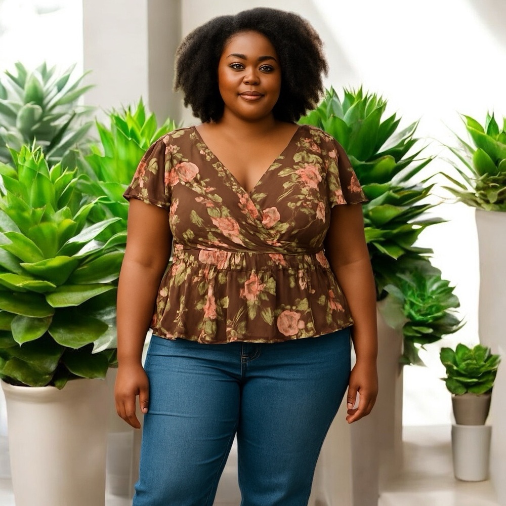 Torrid Brown Floral Ruffle Lined Top Size 3 or 3X Short Sleeve